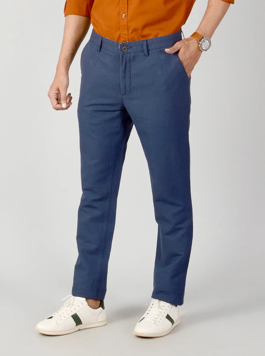 Navy Blue Self Textured Slim Fit Casual Trouser | JadeBlue