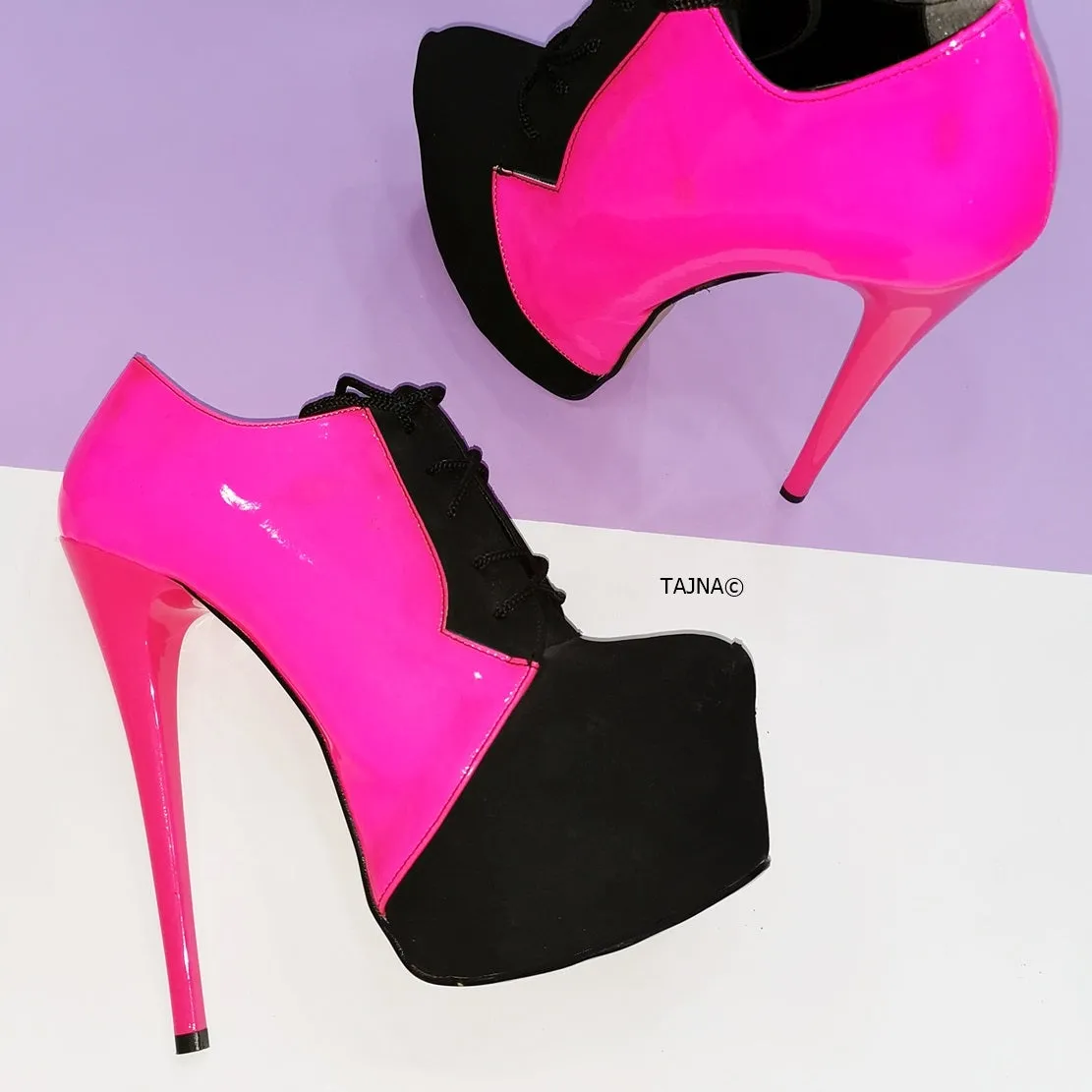 Oxford Neon Pink Black Ankle Platforms