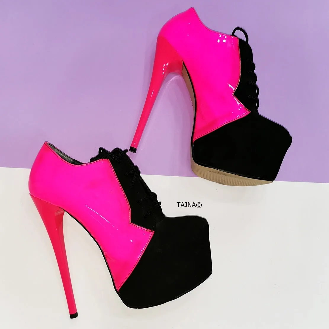 Oxford Neon Pink Black Ankle Platforms