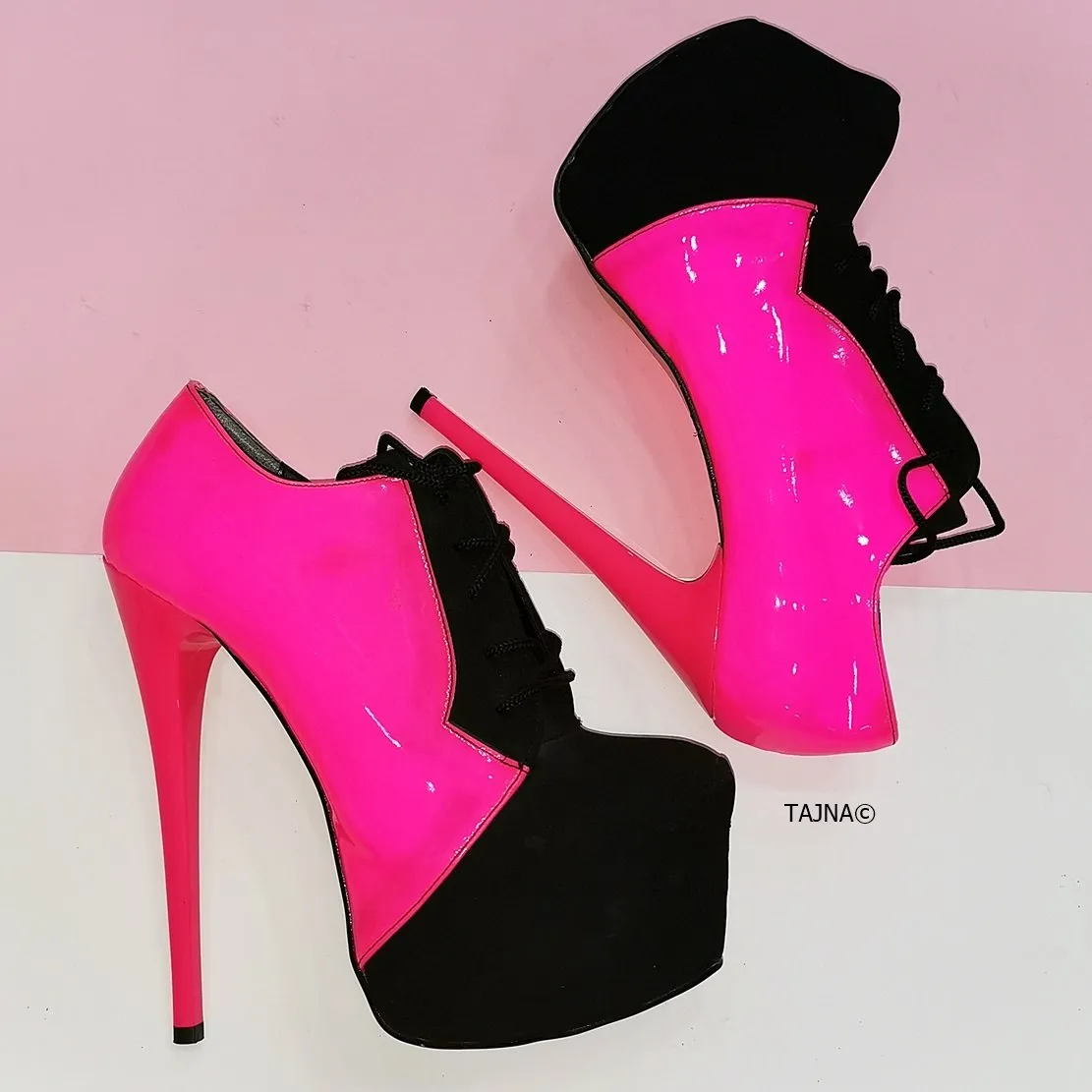 Oxford Neon Pink Black Ankle Platforms