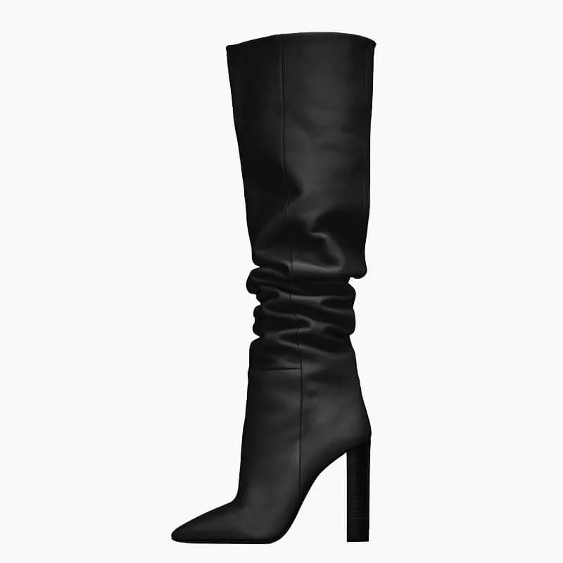 PU Point Toe Fold High Heel Knee High Boots