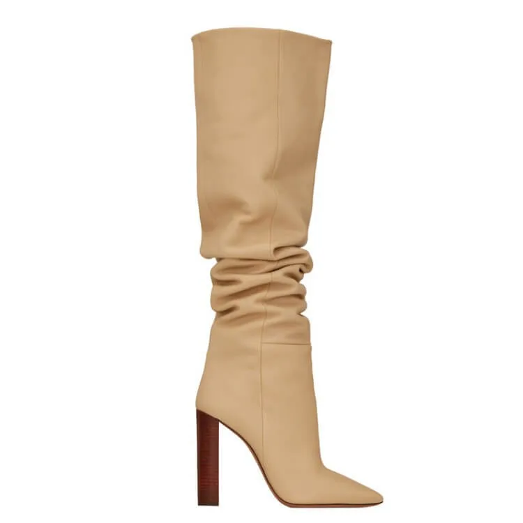 PU Point Toe Fold High Heel Knee High Boots