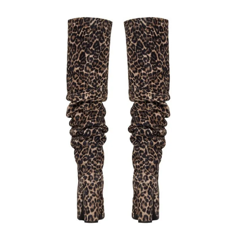 PU Point Toe Fold High Heel Knee High Boots