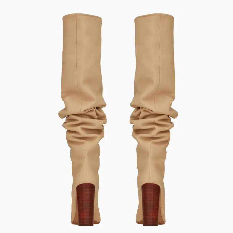 PU Point Toe Fold High Heel Knee High Boots