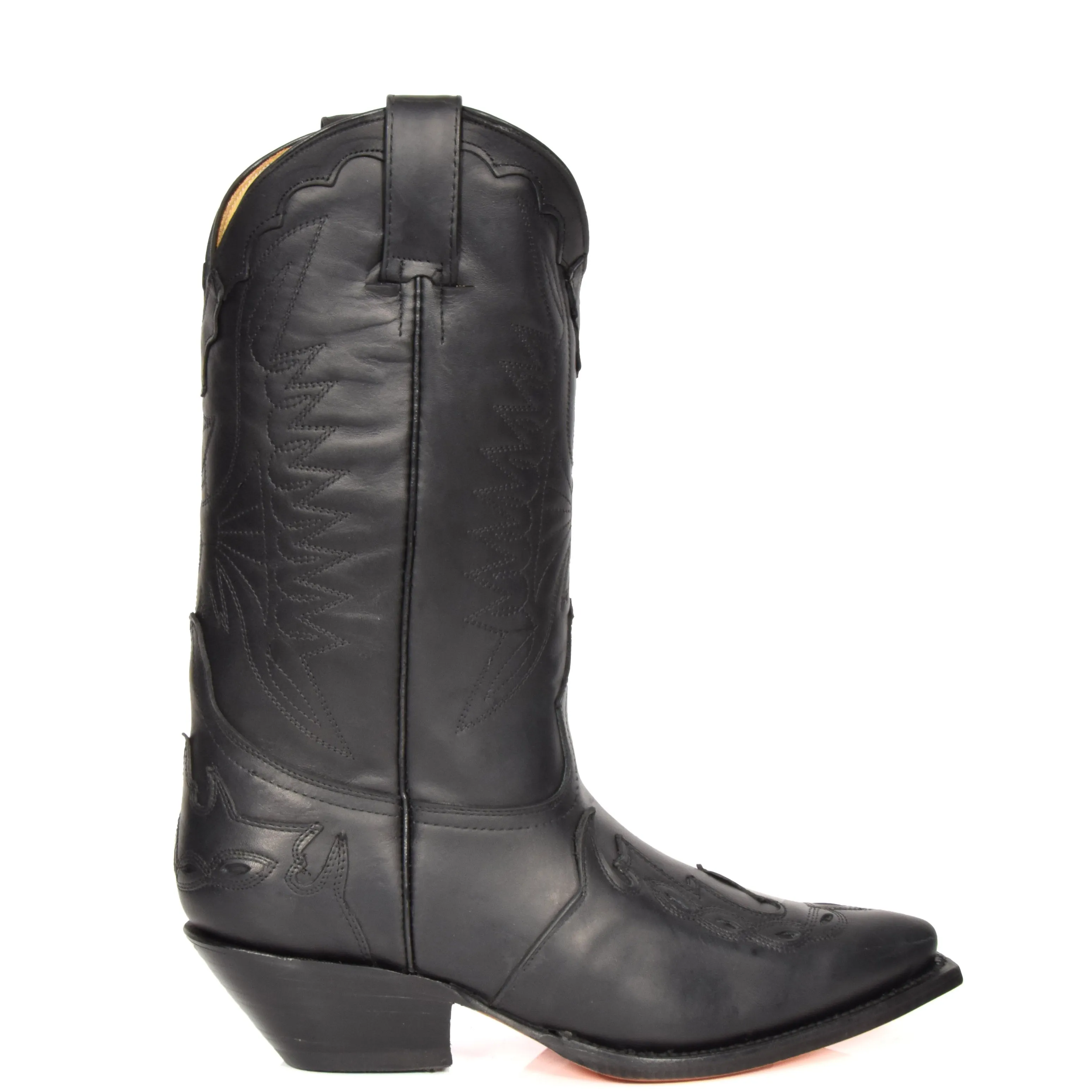 Real Leather Pointed Toe Cowboy Boots AZ350 Black