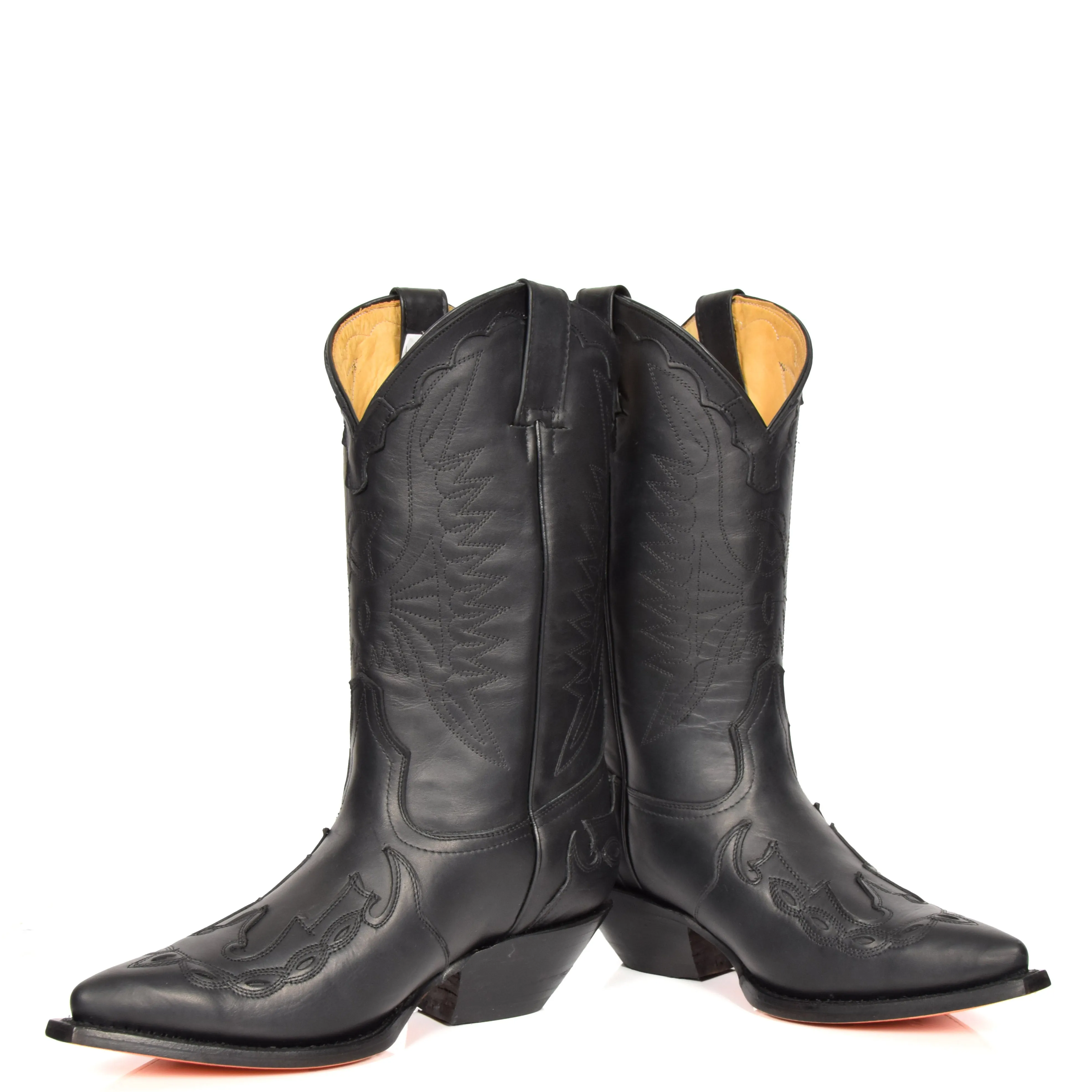 Real Leather Pointed Toe Cowboy Boots AZ350 Black