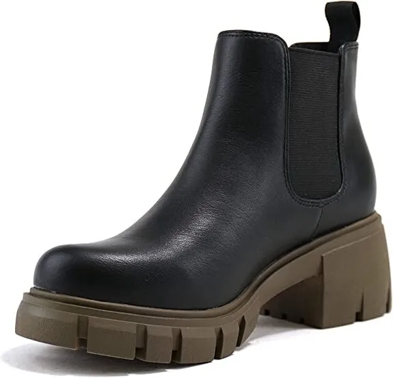 Soda Pioneer Black/For-green Pu Lug Sole Pull On Chelsea Fashion Ankle Booties