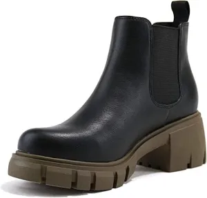 Soda Pioneer Black/For-green Pu Lug Sole Pull On Chelsea Fashion Ankle Booties