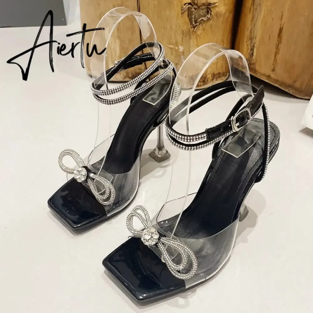 Summer Party Wedding Sandals Ladies Fashion Crystal Rhinestone Bowknot High Heels PVC Transparent Shoes Women Pumps