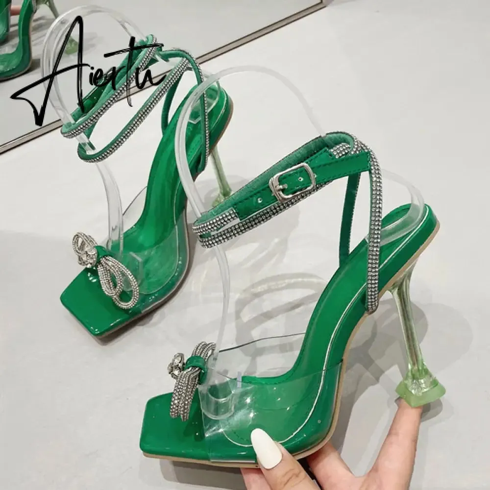 Summer Party Wedding Sandals Ladies Fashion Crystal Rhinestone Bowknot High Heels PVC Transparent Shoes Women Pumps