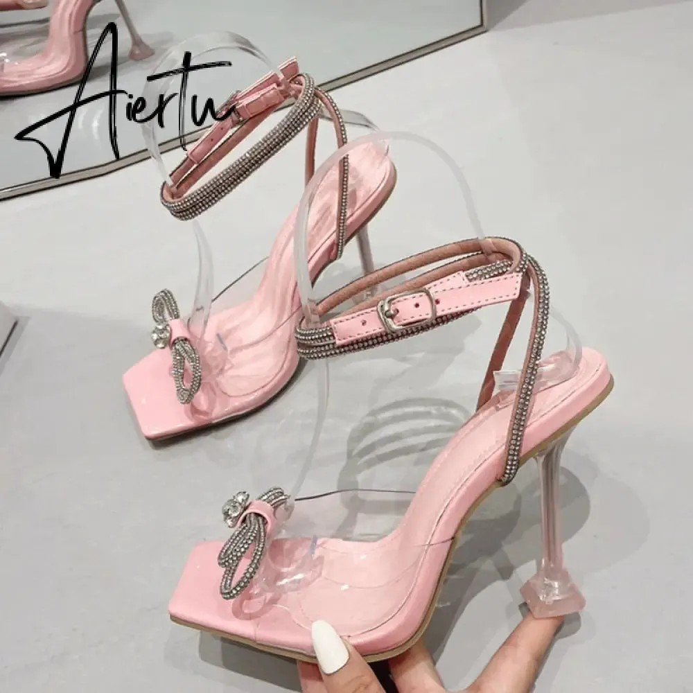 Summer Party Wedding Sandals Ladies Fashion Crystal Rhinestone Bowknot High Heels PVC Transparent Shoes Women Pumps