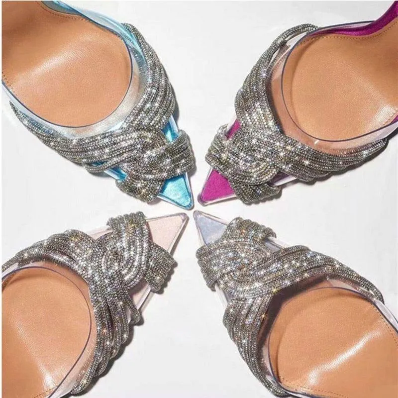 Summer Women's Back Strap Pumps Transparent Rhinestone Pointed Toe High Heels