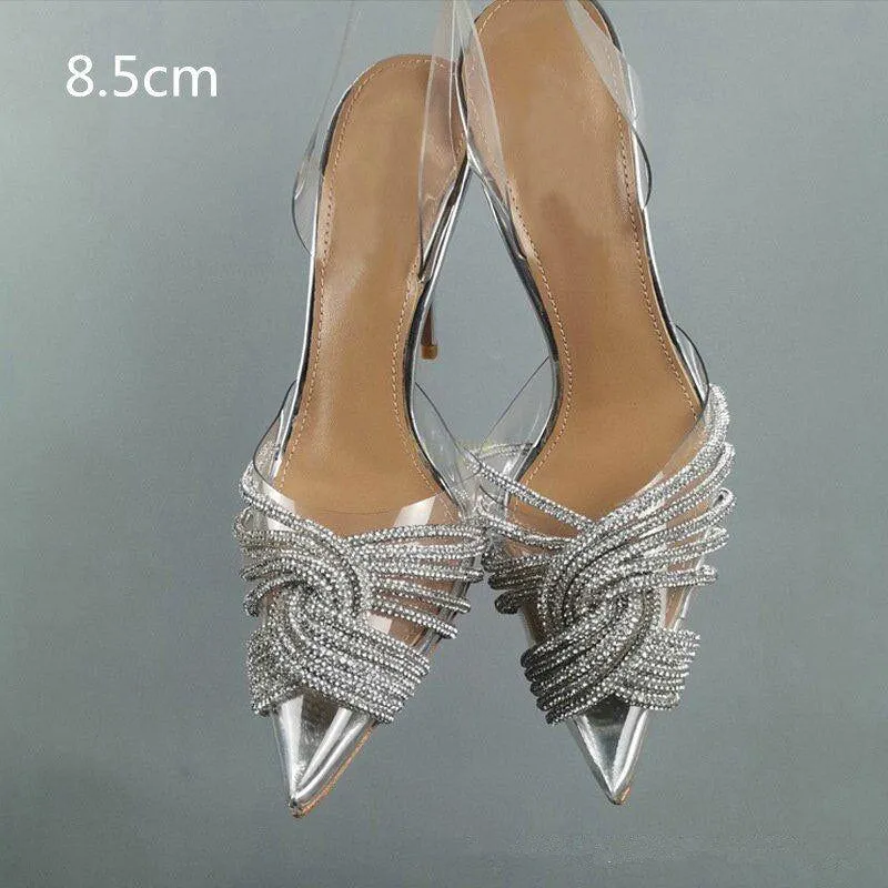 Summer Women's Back Strap Pumps Transparent Rhinestone Pointed Toe High Heels