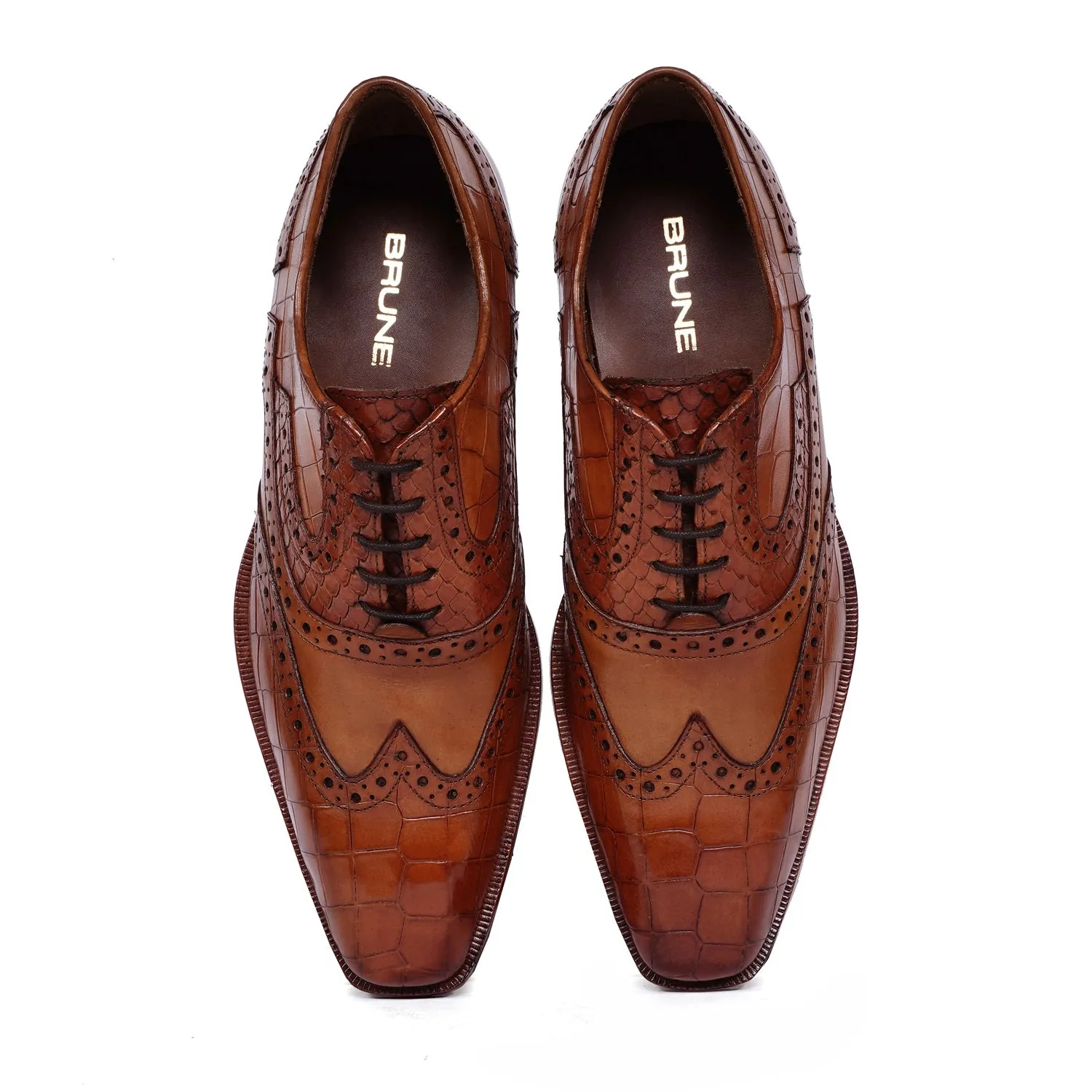 Tan Leather Formal Shoes with Wingtip Punching Brogue Oxford Lace-Up Closure