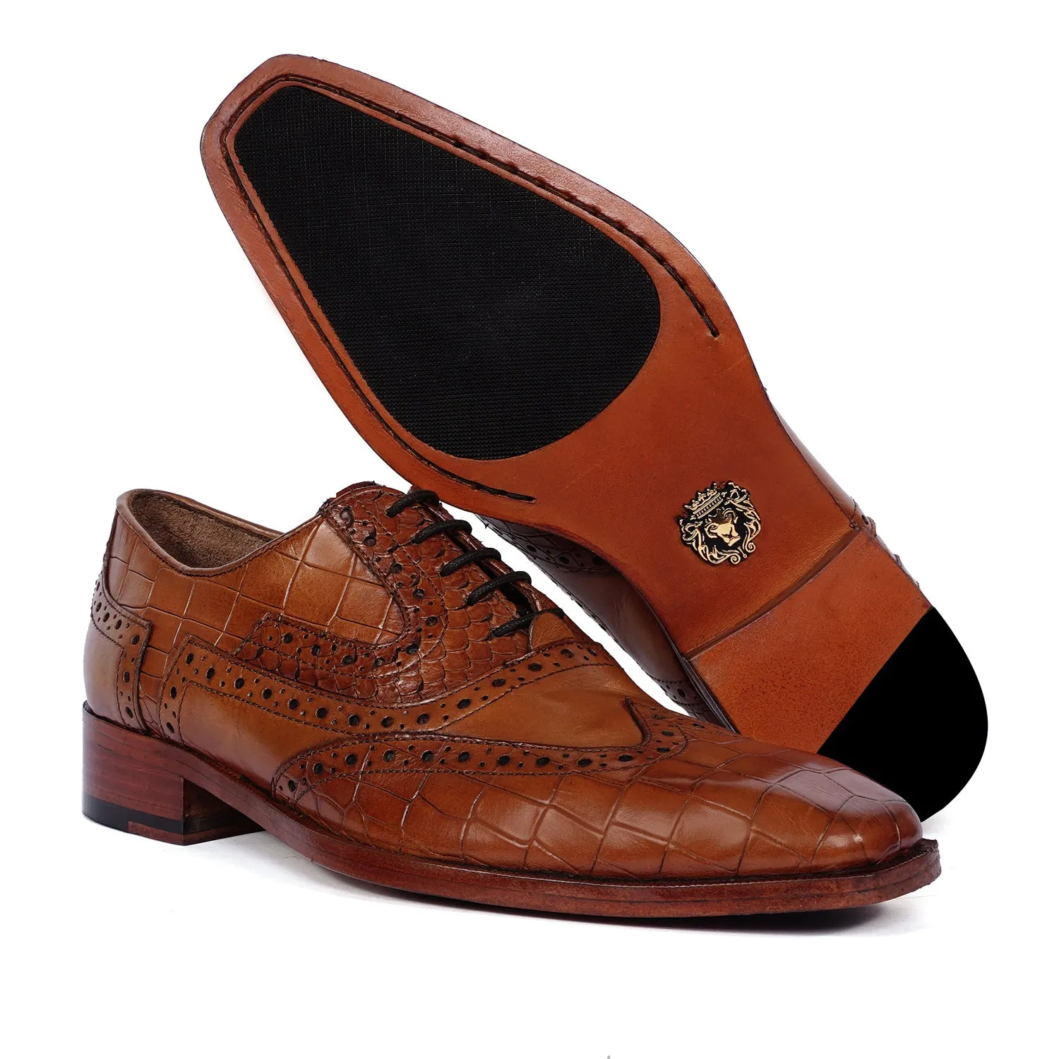 Tan Leather Formal Shoes with Wingtip Punching Brogue Oxford Lace-Up Closure