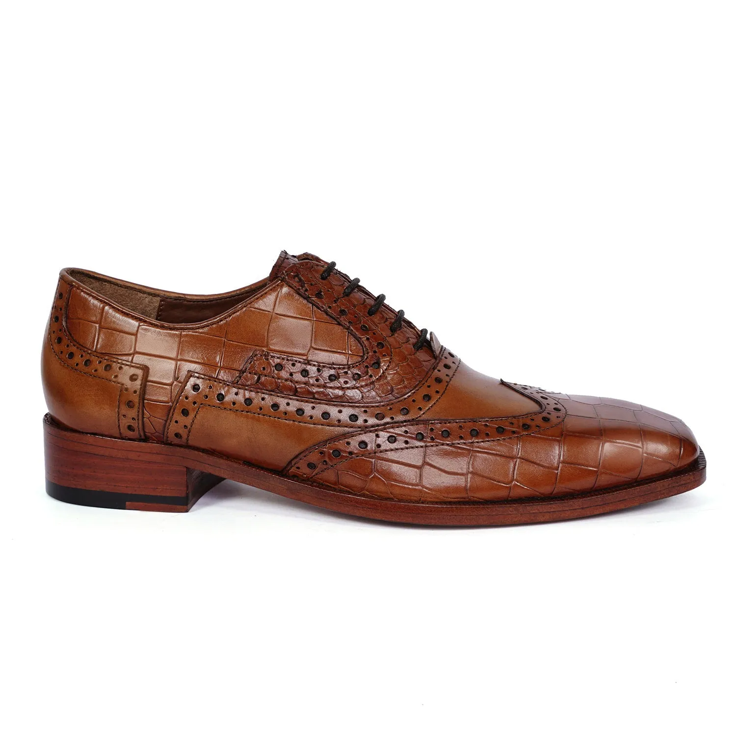 Tan Leather Formal Shoes with Wingtip Punching Brogue Oxford Lace-Up Closure
