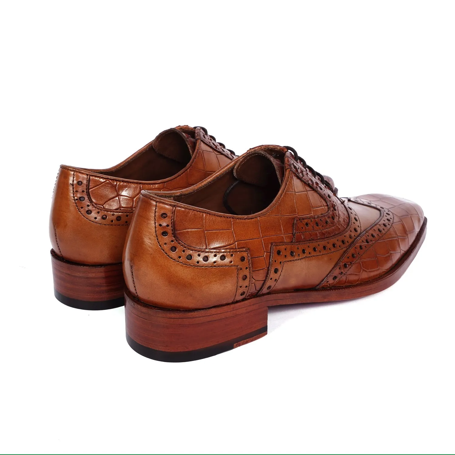 Tan Leather Formal Shoes with Wingtip Punching Brogue Oxford Lace-Up Closure
