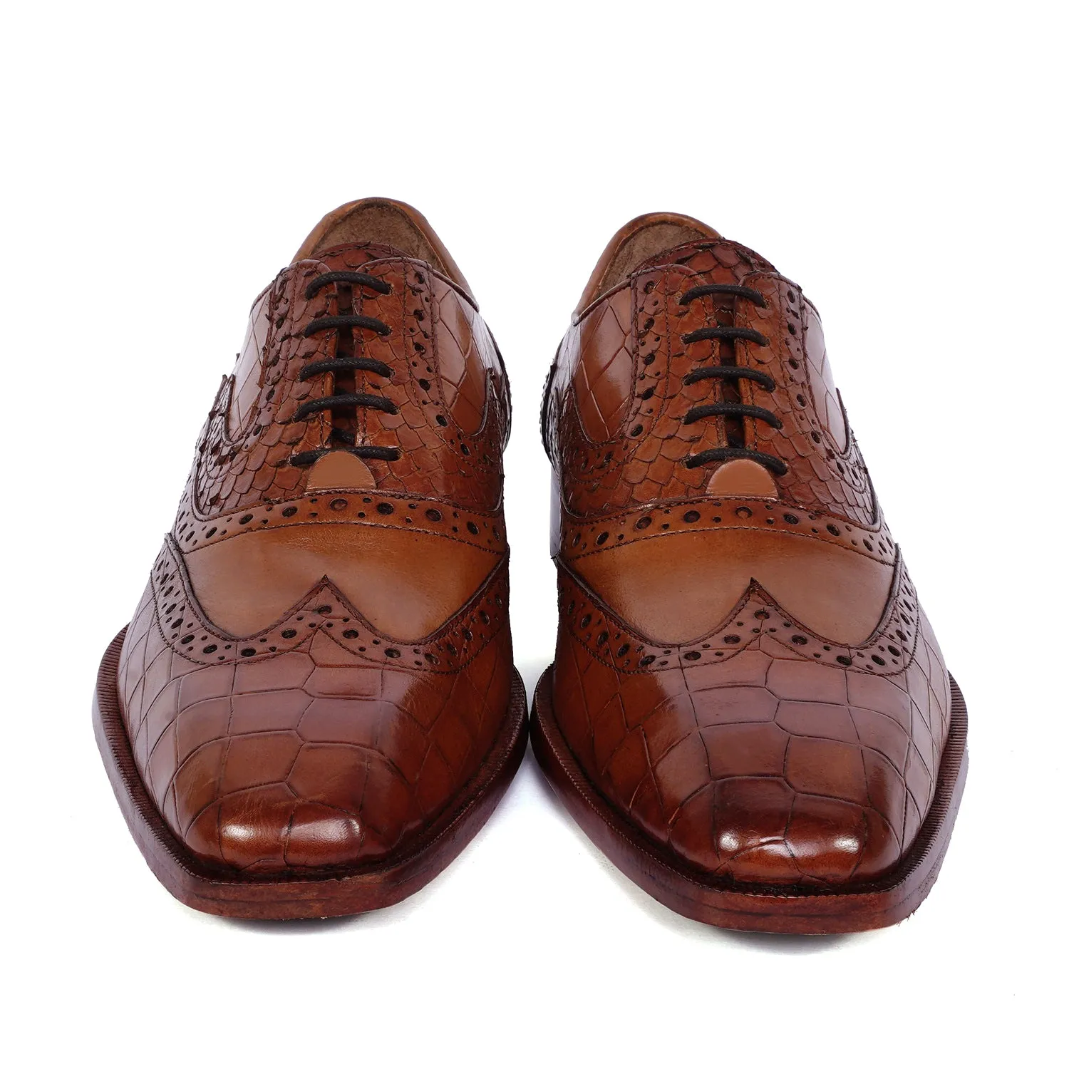 Tan Leather Formal Shoes with Wingtip Punching Brogue Oxford Lace-Up Closure
