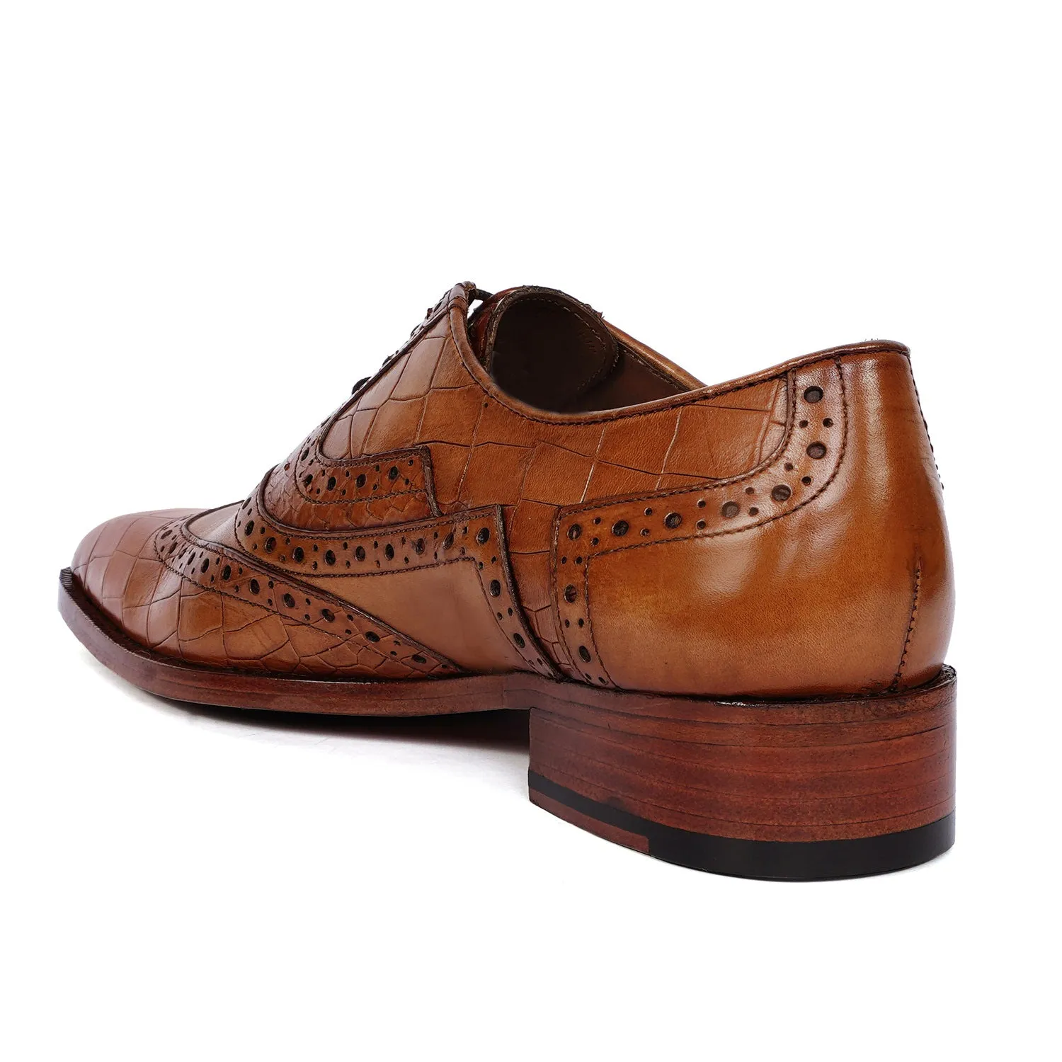 Tan Leather Formal Shoes with Wingtip Punching Brogue Oxford Lace-Up Closure