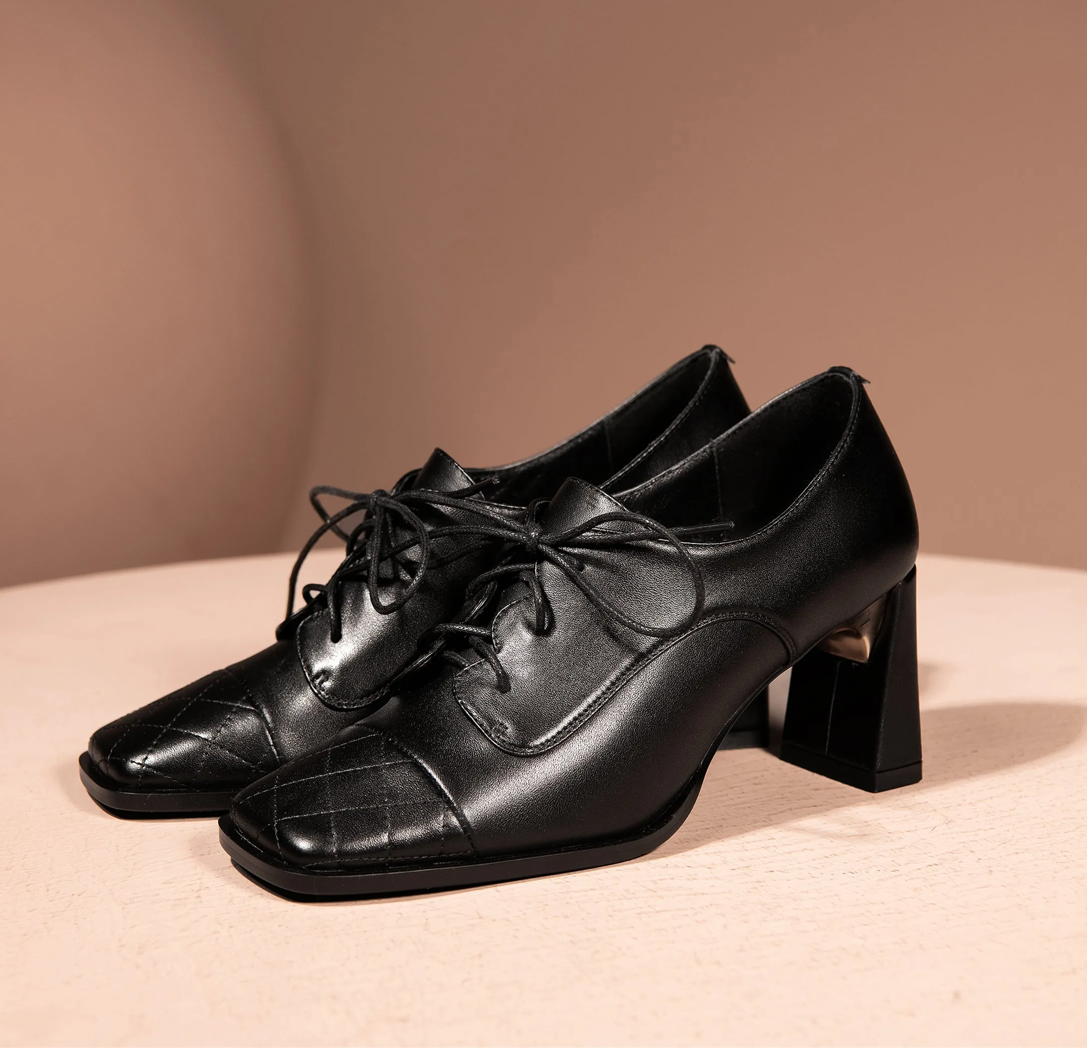 TinaCus Genuine Leather Women's Handmade Classic Square Toe Chunky Heel Lace Up Oxford Pump Shoes