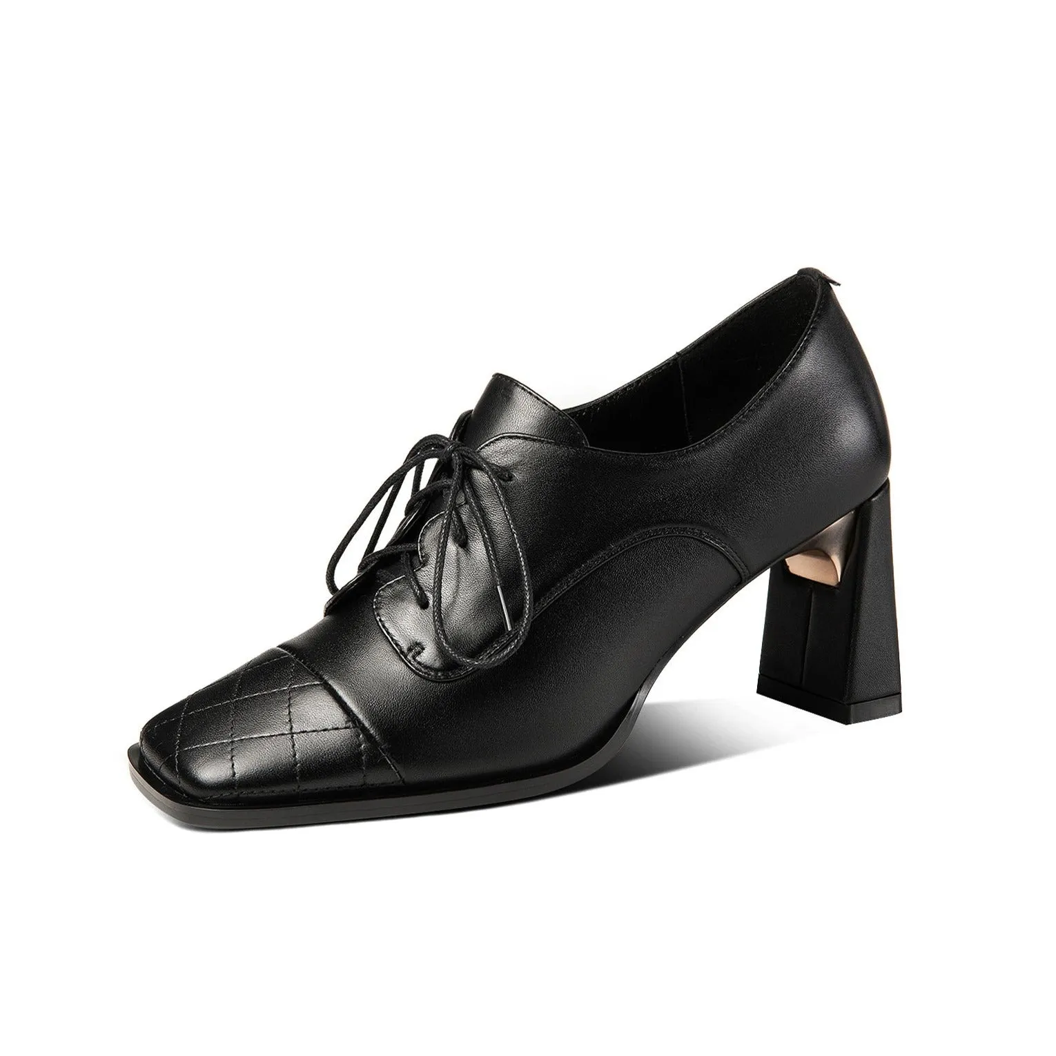 TinaCus Genuine Leather Women's Handmade Classic Square Toe Chunky Heel Lace Up Oxford Pump Shoes