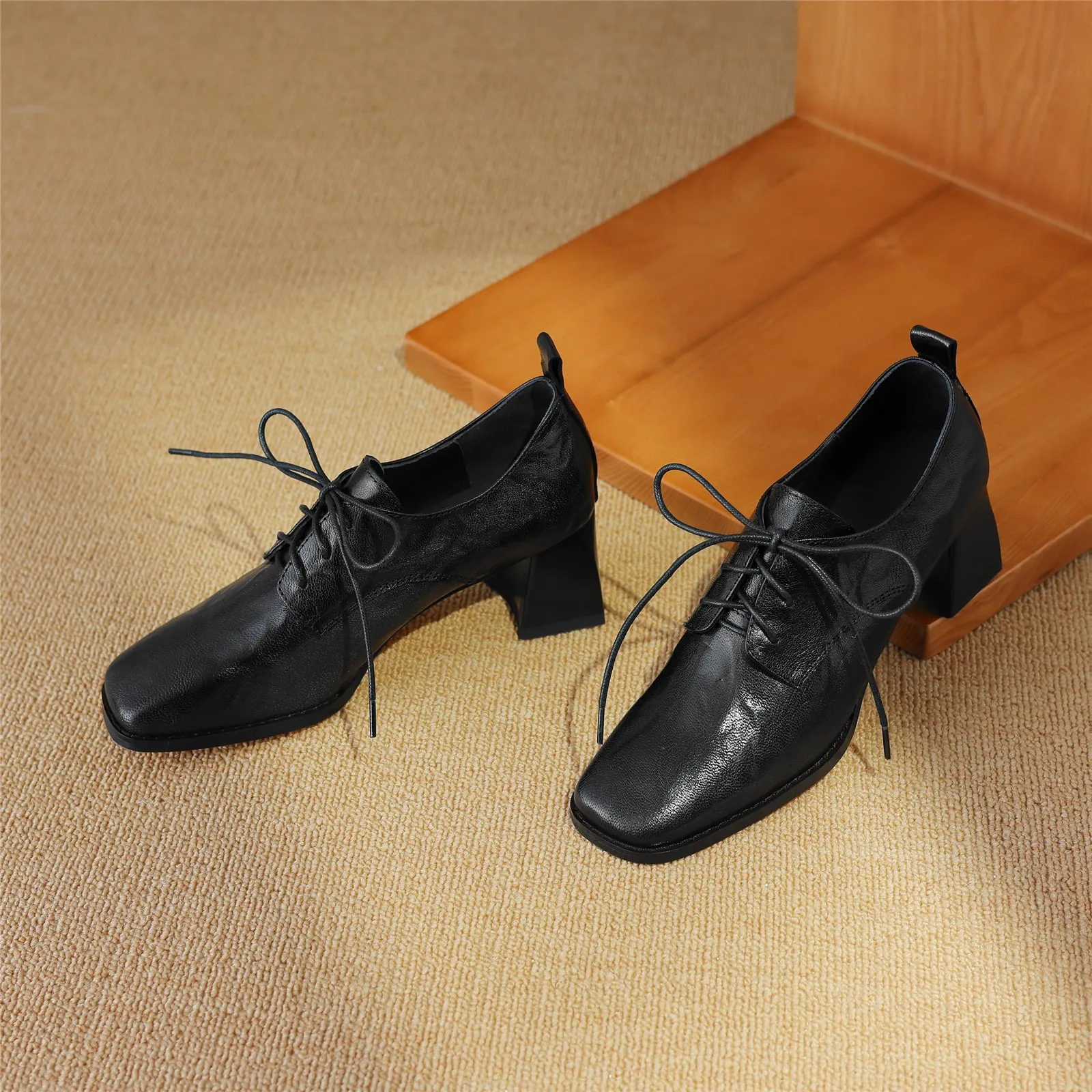 TinaCus Women's Genuine Leather Square Toe Handmade Lace Up Oxford Pumps
