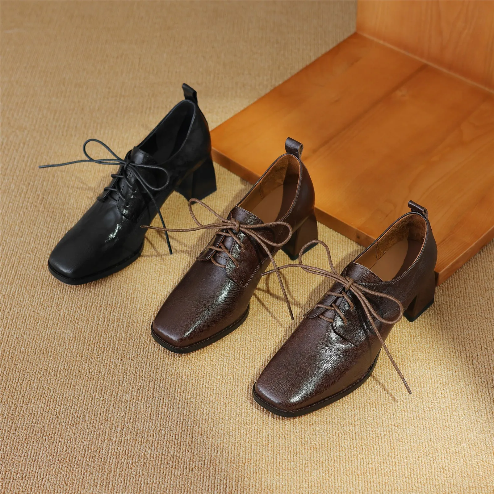 TinaCus Women's Genuine Leather Square Toe Handmade Lace Up Oxford Pumps
