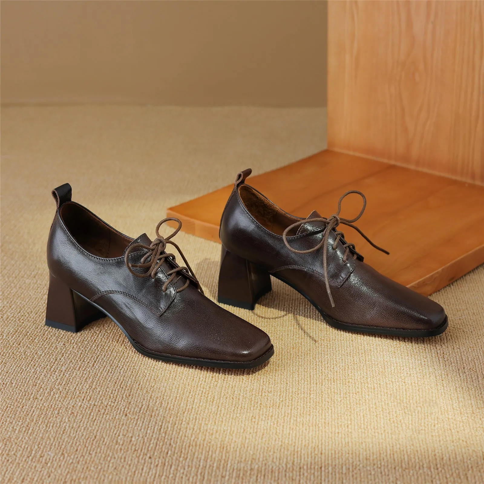 TinaCus Women's Genuine Leather Square Toe Handmade Lace Up Oxford Pumps