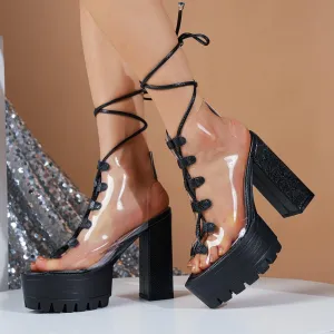 Transparent Black Clear Chunky Heel Platform Boots