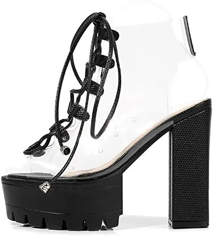 Transparent Black Clear Chunky Heel Platform Boots