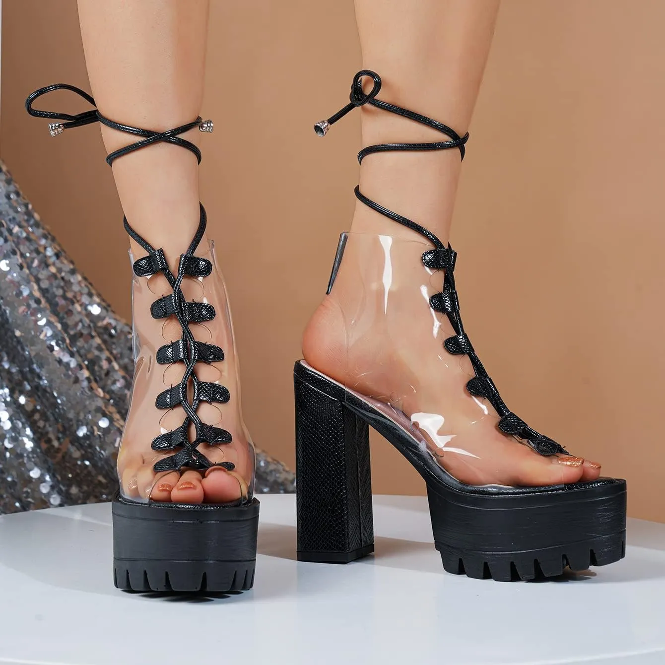 Transparent Black Clear Chunky Heel Platform Boots