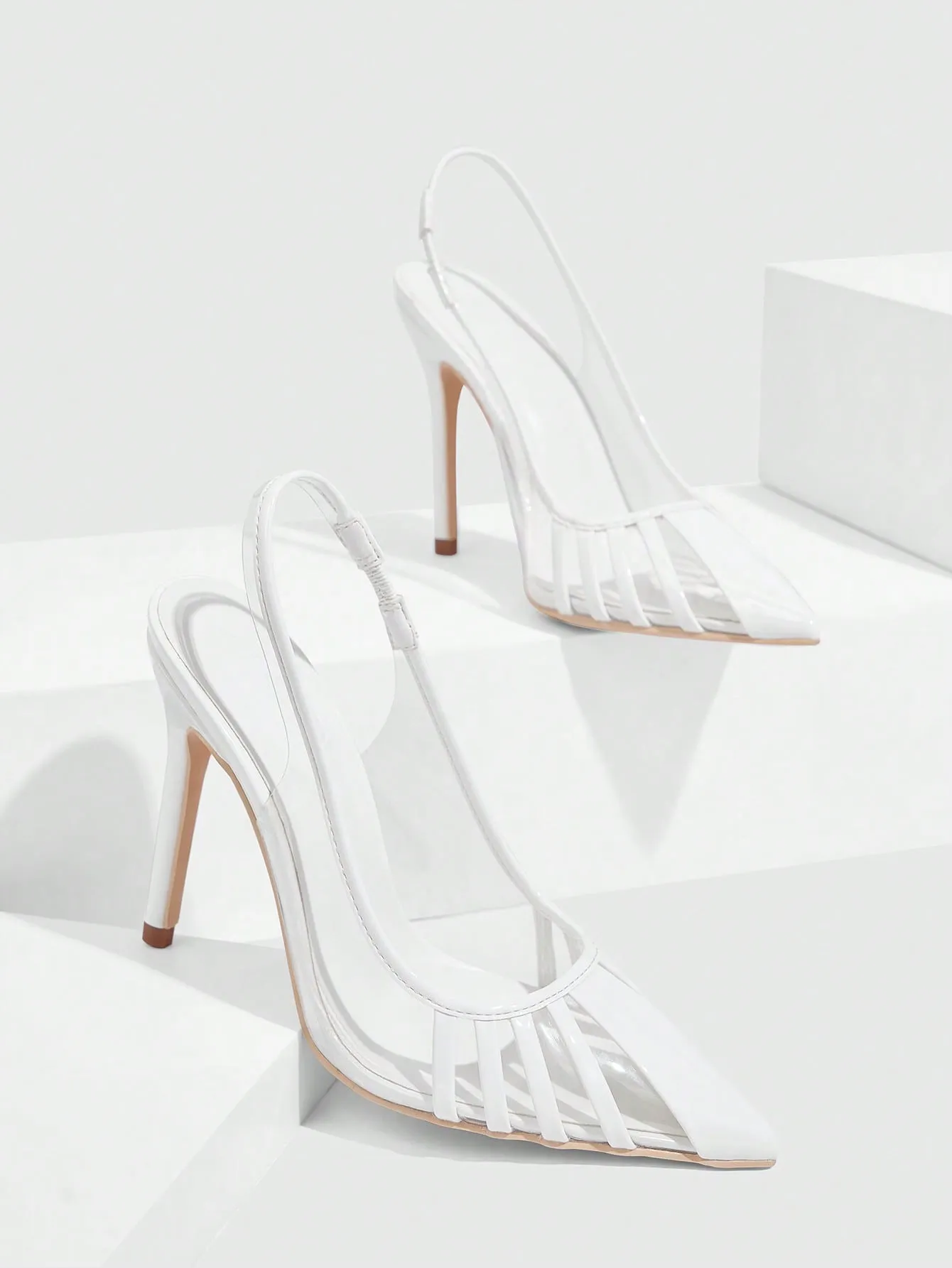 White Transparent PVC Spliced PU Leather Pointed Toe High Heeled Sandals For Women