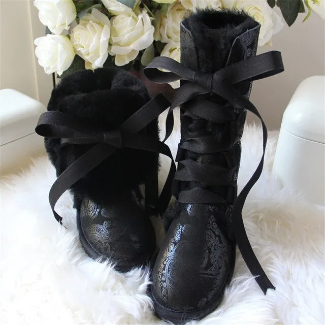 Women Lace Up Shoes Genuine Sheepskin Real Fur 100% Wool Women Winter Snow Boots