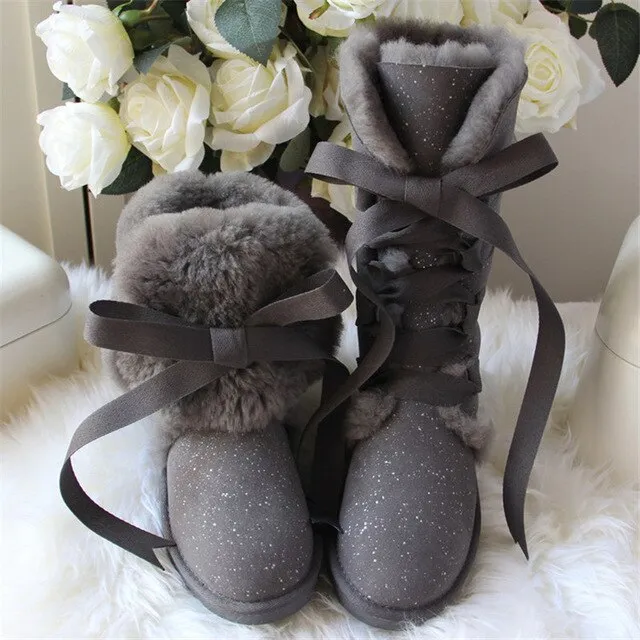 Women Lace Up Shoes Genuine Sheepskin Real Fur 100% Wool Women Winter Snow Boots