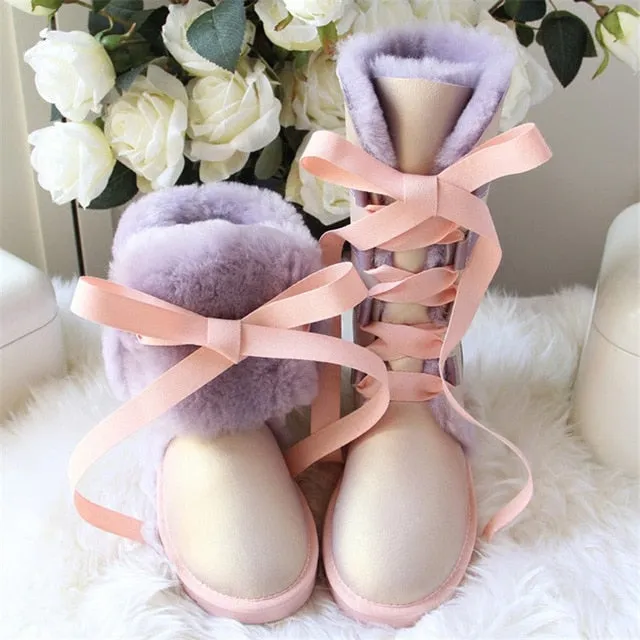 Women Lace Up Shoes Genuine Sheepskin Real Fur 100% Wool Women Winter Snow Boots