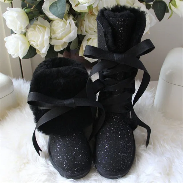 Women Lace Up Shoes Genuine Sheepskin Real Fur 100% Wool Women Winter Snow Boots