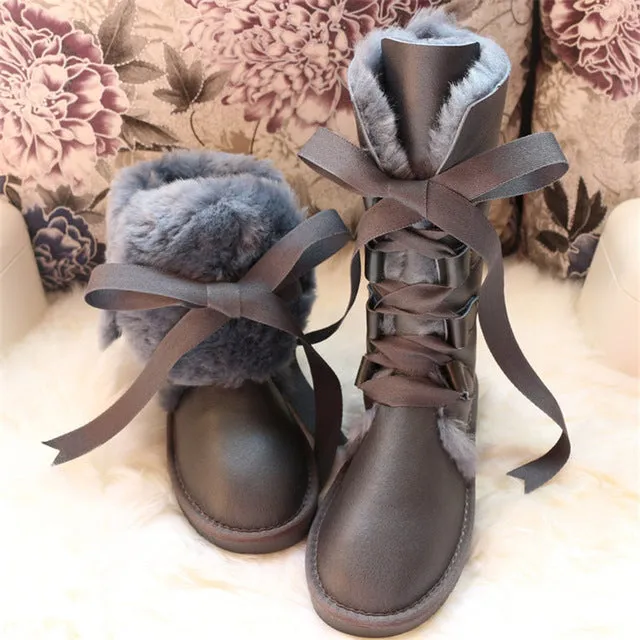 Women Lace Up Shoes Genuine Sheepskin Real Fur 100% Wool Women Winter Snow Boots