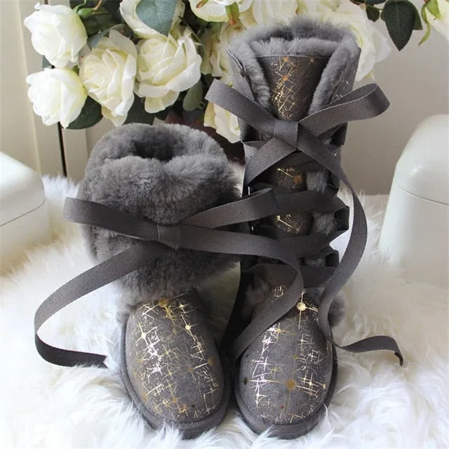 Women Lace Up Shoes Genuine Sheepskin Real Fur 100% Wool Women Winter Snow Boots