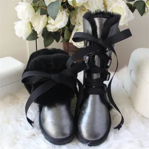 Women Lace Up Shoes Genuine Sheepskin Real Fur 100% Wool Women Winter Snow Boots
