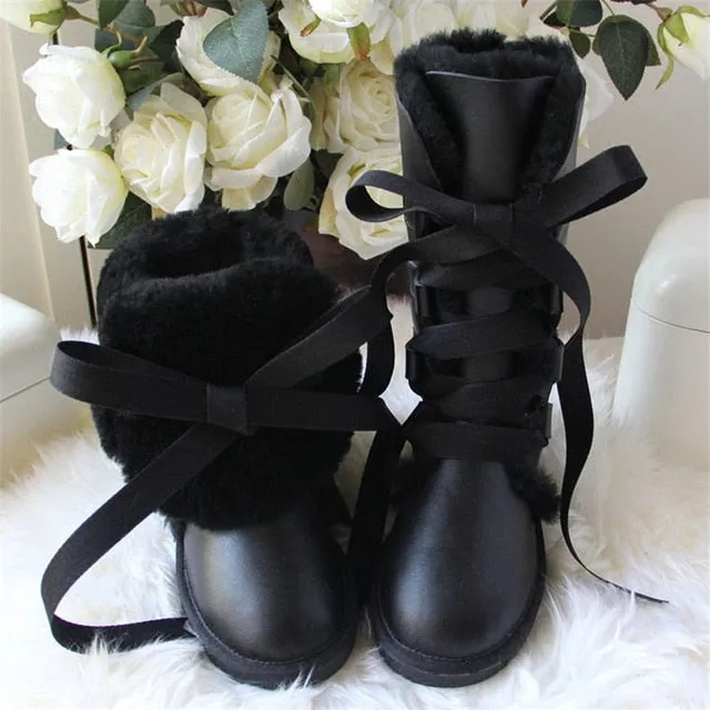 Women Lace Up Shoes Genuine Sheepskin Real Fur 100% Wool Women Winter Snow Boots