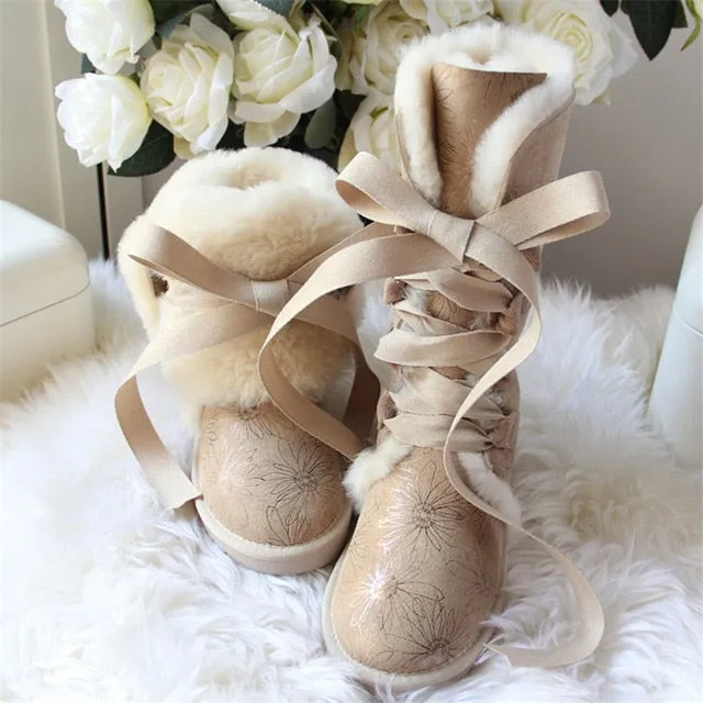 Women Lace Up Shoes Genuine Sheepskin Real Fur 100% Wool Women Winter Snow Boots