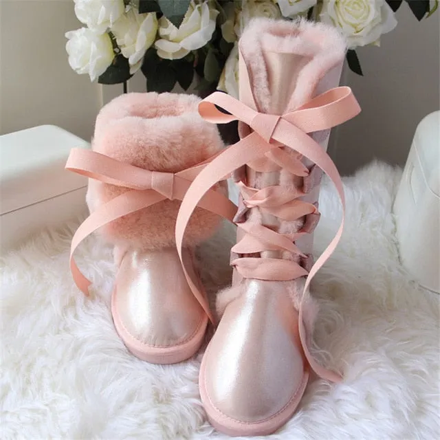 Women Lace Up Shoes Genuine Sheepskin Real Fur 100% Wool Women Winter Snow Boots