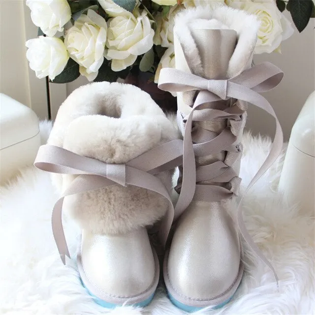 Women Lace Up Shoes Genuine Sheepskin Real Fur 100% Wool Women Winter Snow Boots