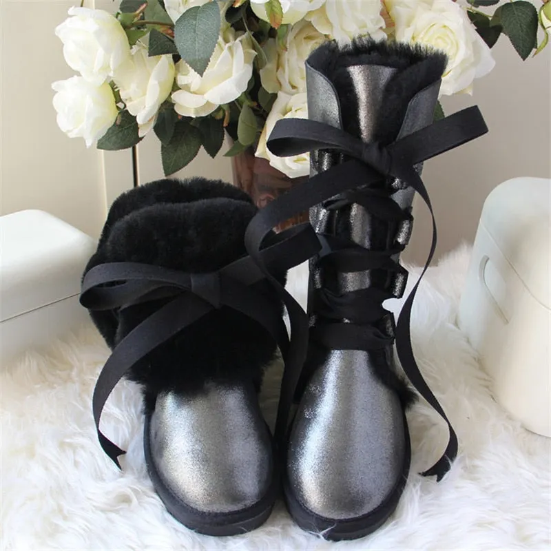 Women Lace Up Shoes Genuine Sheepskin Real Fur 100% Wool Women Winter Snow Boots