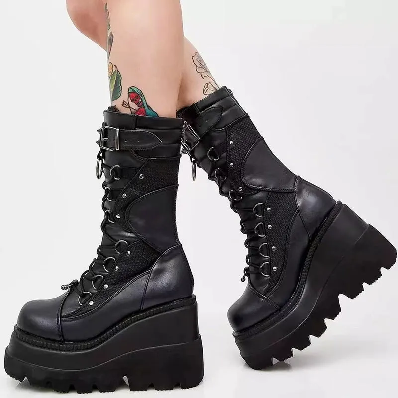 Womens Punk Lace-Up Mid Calf Platform Boots