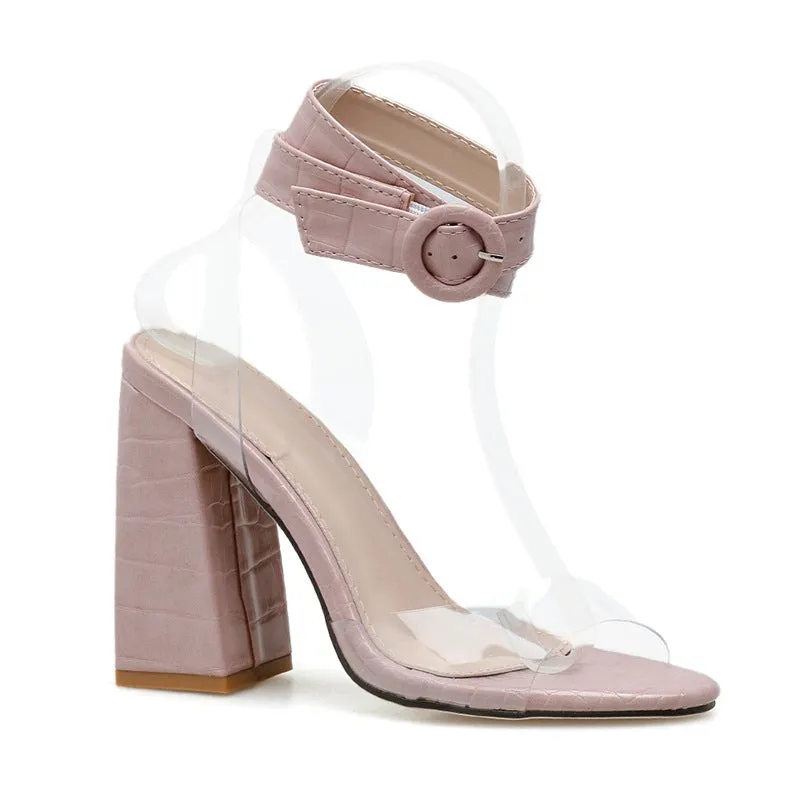 Women's Transparent Crystal High Thick Heeled Sandals