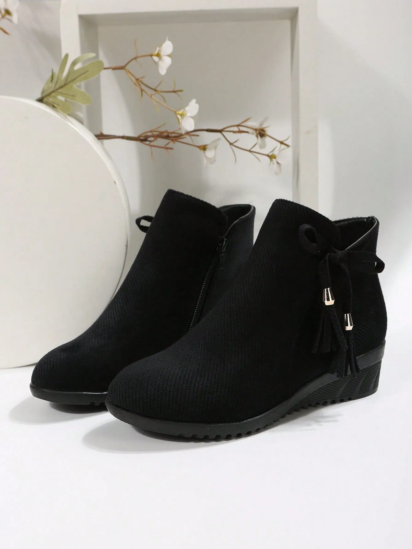 Women's Wedge Heel Platform Boots,Black Butterfly Knot Side Zipper Slope Heel Fashion Ankle Boots