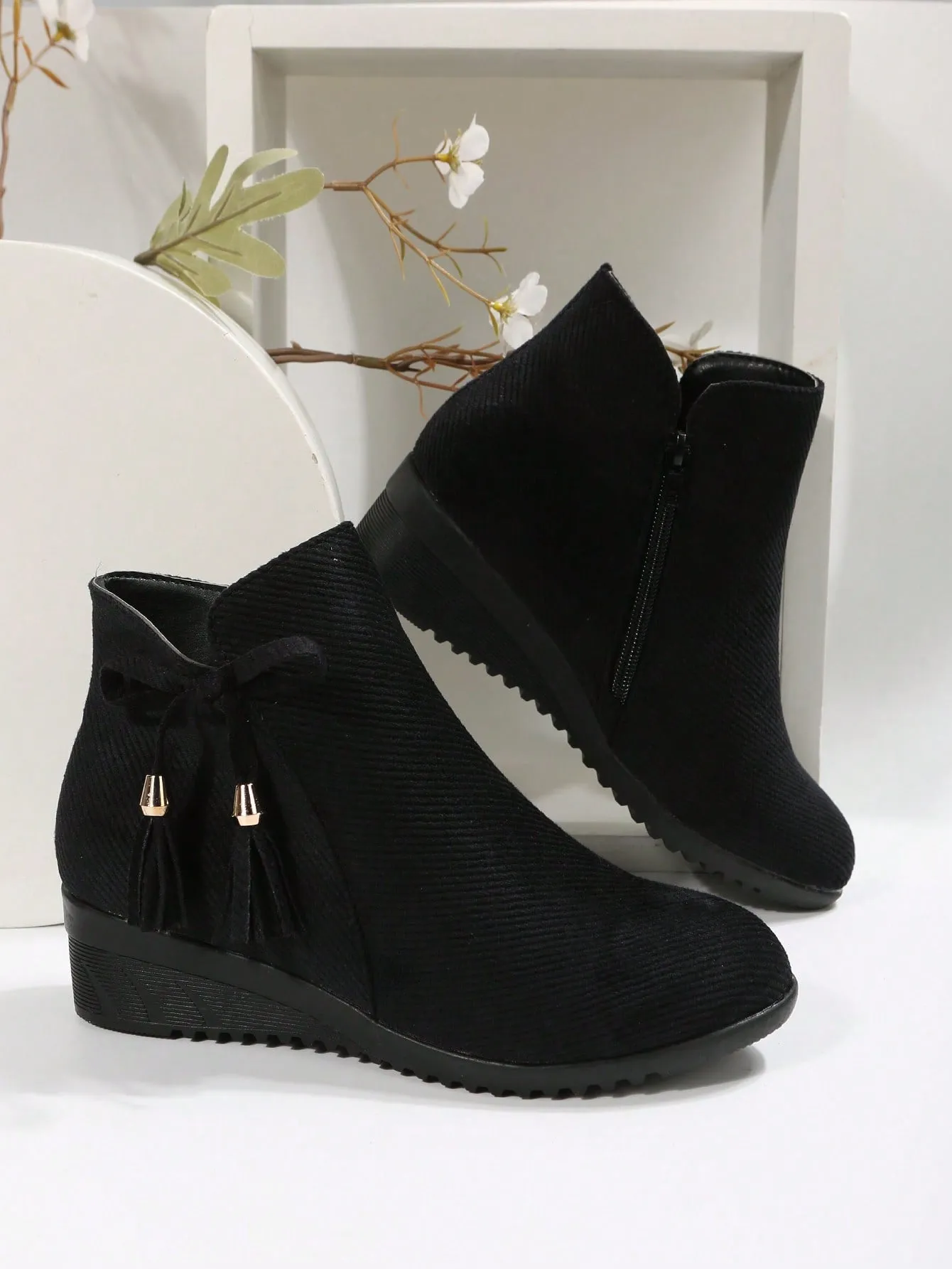 Women's Wedge Heel Platform Boots,Black Butterfly Knot Side Zipper Slope Heel Fashion Ankle Boots