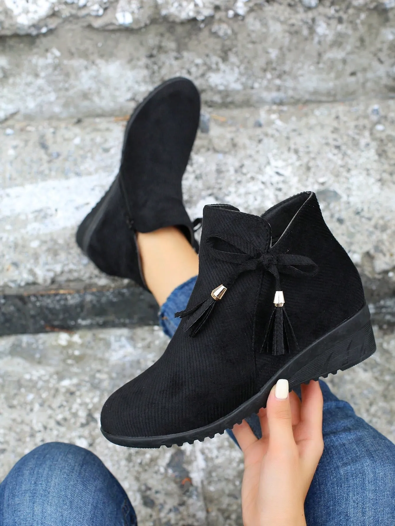 Women's Wedge Heel Platform Boots,Black Butterfly Knot Side Zipper Slope Heel Fashion Ankle Boots