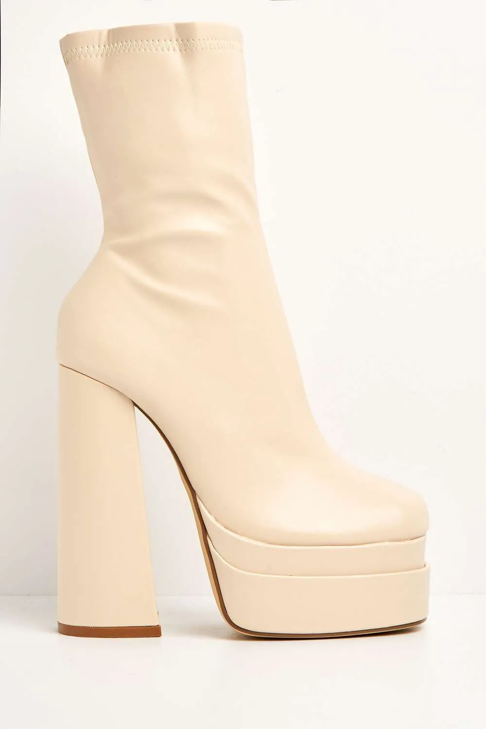 Yoola Chunky Block Heel Platform Heeled Ankle Boots in Beige